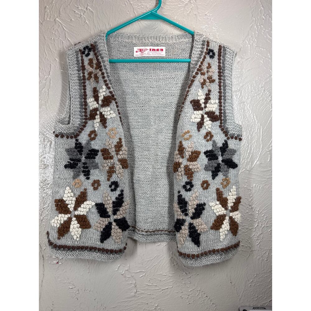 INCA Alpaca Wool Sweater Adult Open Front Sweater Vest Flowers Peru Size 6/8‎